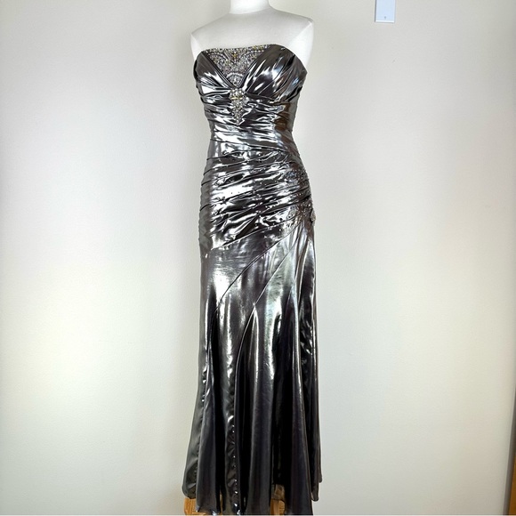 Flirt by Maggie Sottero Silver Pewter Metallic Strapless Formal Gown - Picture 13 of 16